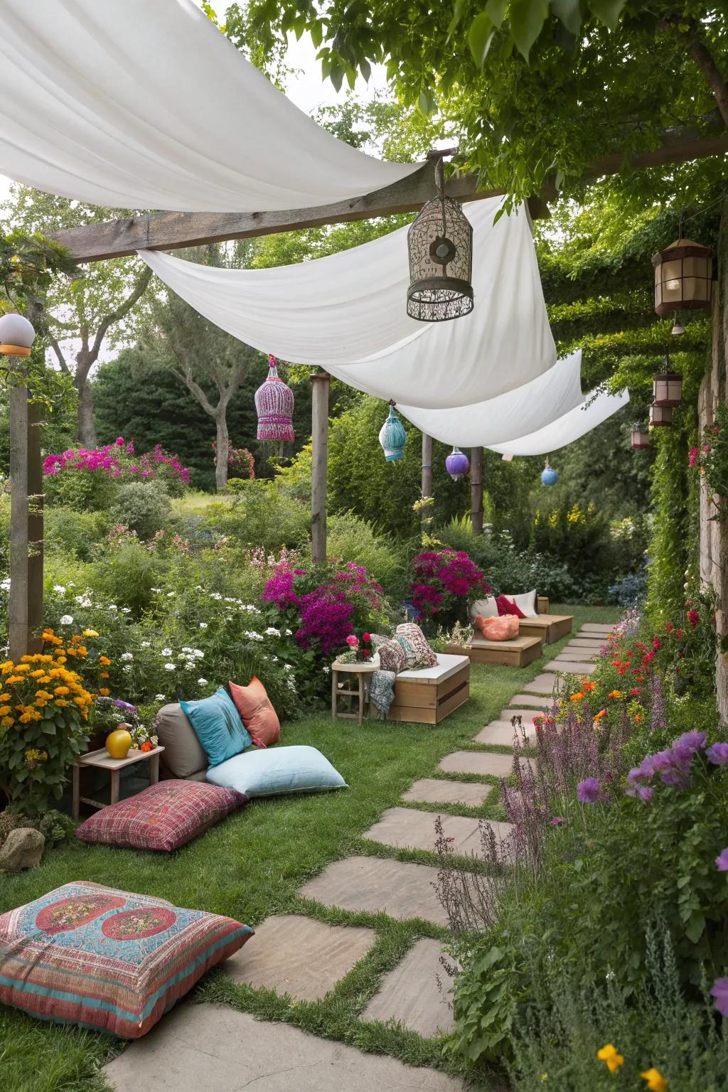 Floating fabric awnings bring a whimsical and enchanting feel to your garden.