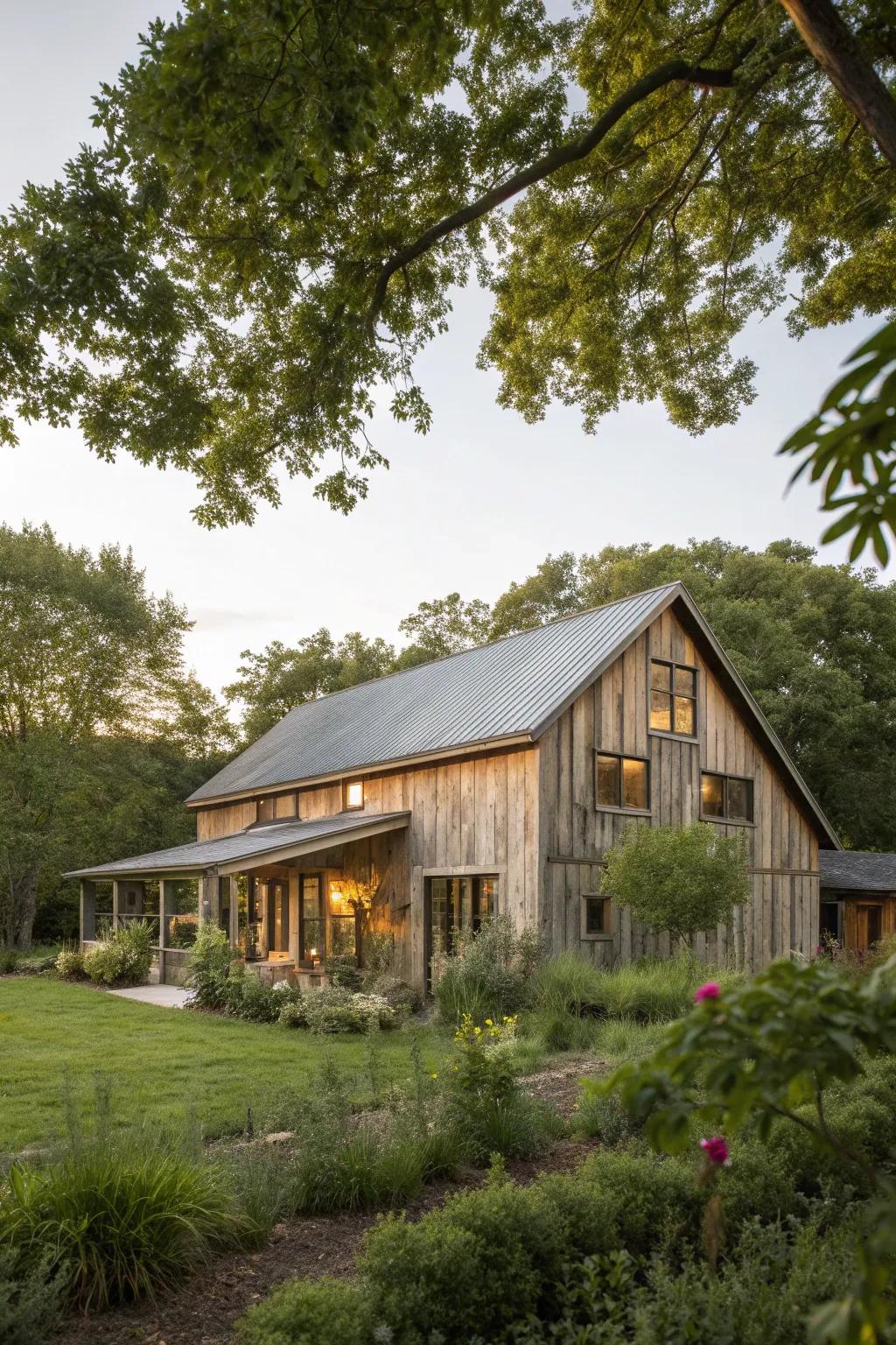 Sustainable materials add unique character and eco-friendliness to the barn house.