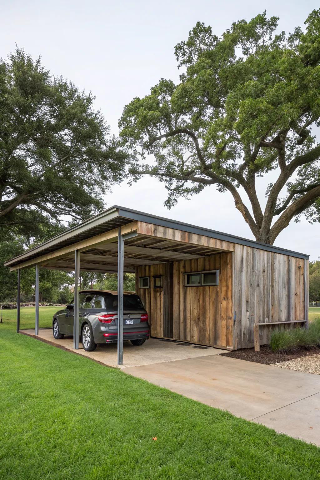 Reclaimed materials add character and sustainability to your carport.
