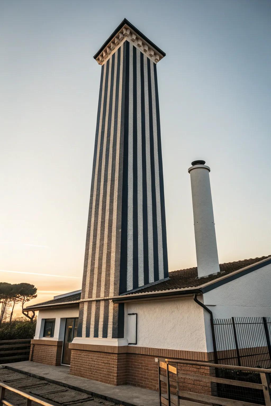 Vertical lines add a dramatic flair to the chimney.