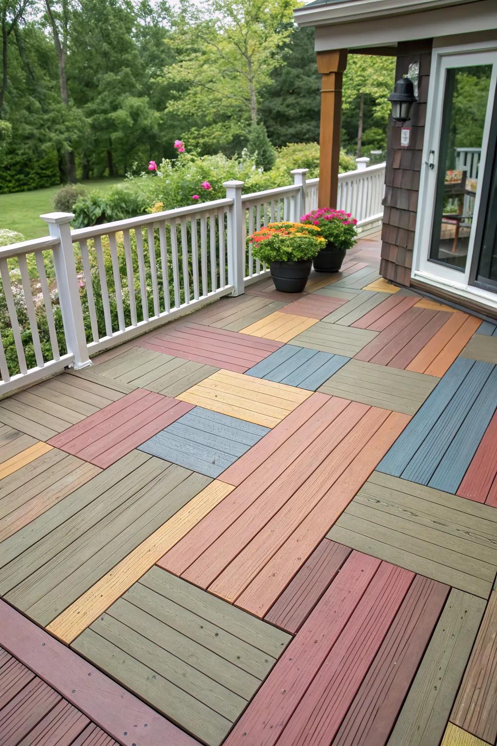 Patchwork designs offer a playful and unique deck appearance.