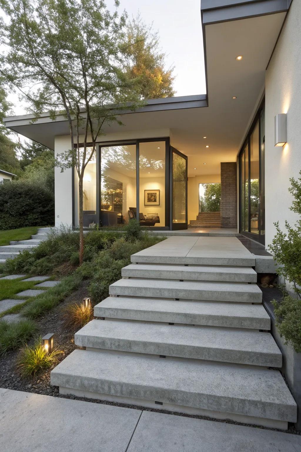 Concrete steps creating a seamless transition from inside to outside.