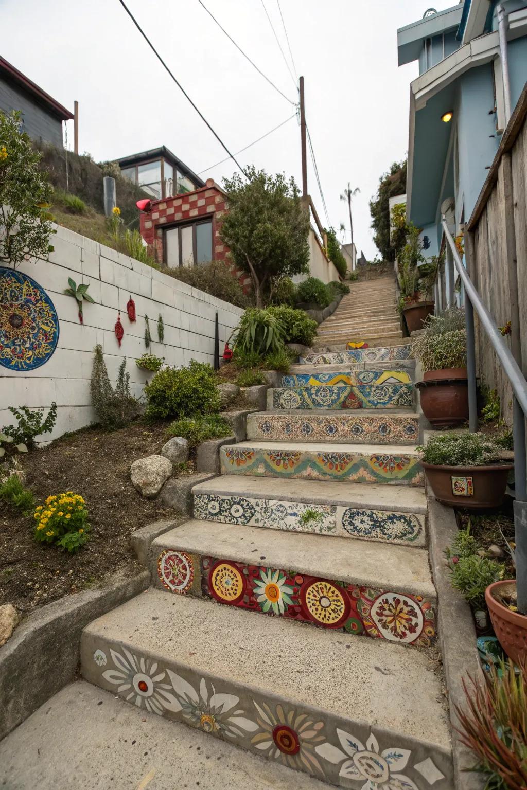 Concrete steps with a personalized themed design.