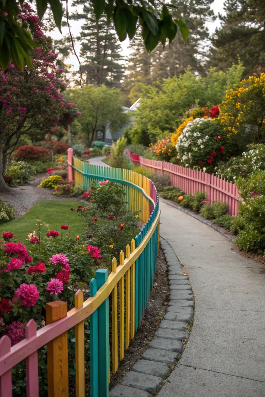 A vibrant curved fence that adds a splash of color and personality to a garden.