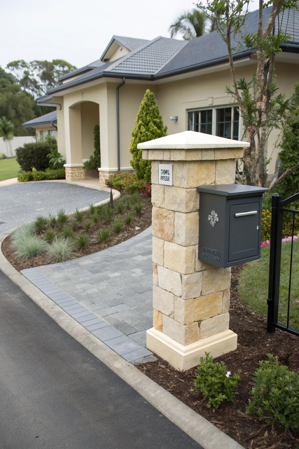 Mailboxes integrated into pillars offer style and function.
