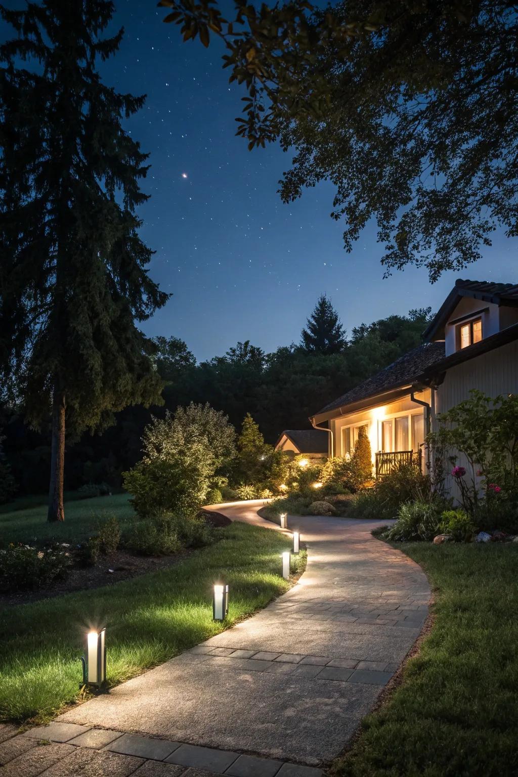 A driveway with solar-powered lighting for eco-friendly charm.