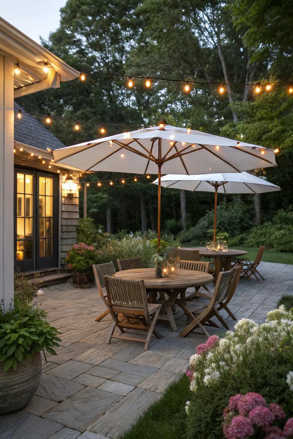 Lighted patio umbrellas offer a unique twist to this evening gathering spot.