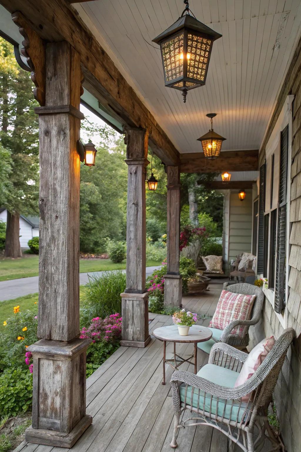Rustic timber columns embody the essence of farmhouse simplicity.