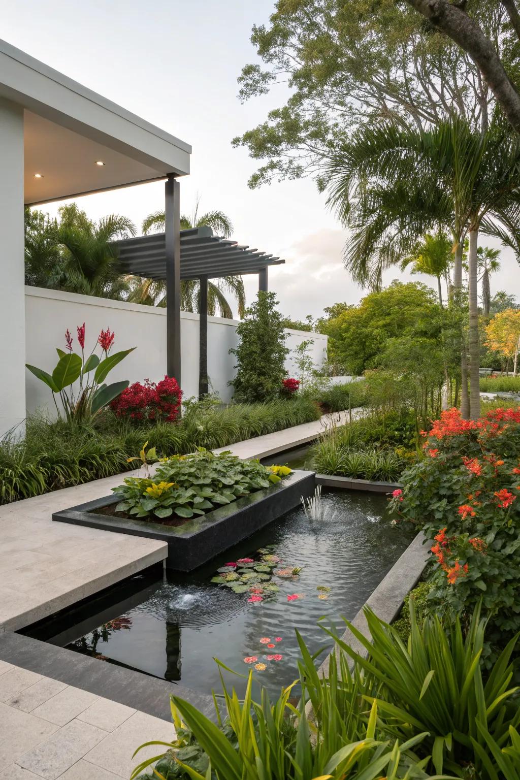 A modern water feature adds a soothing touch.