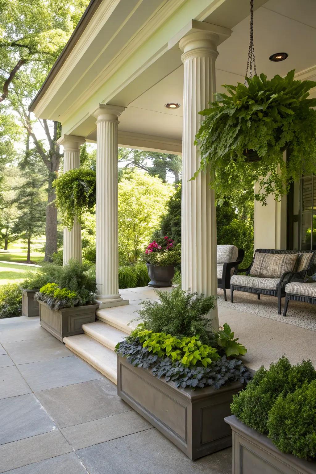 Columns with built-in planters bring greenery to this modern porch.