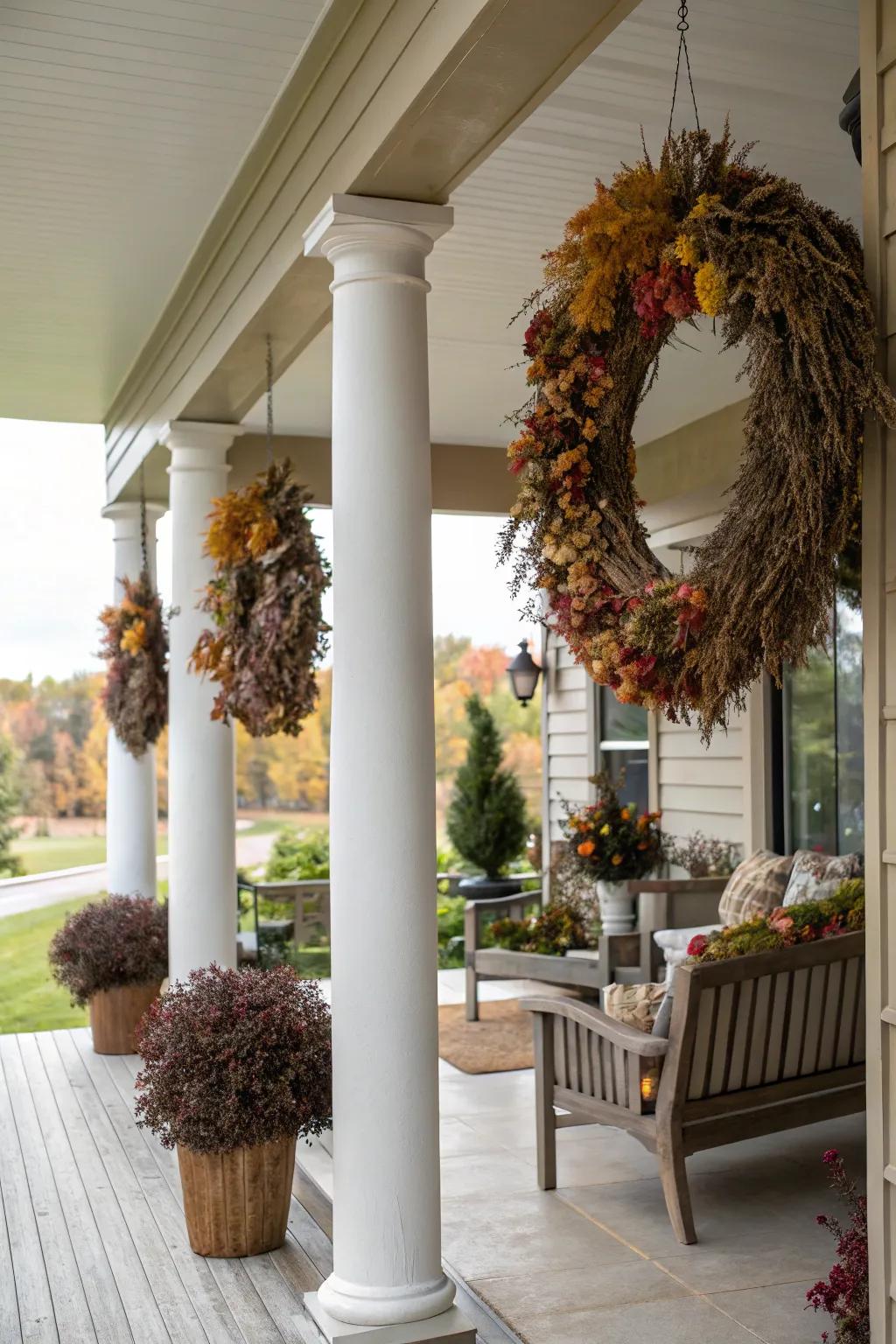 Dried flower decor adds a seasonal, natural touch.