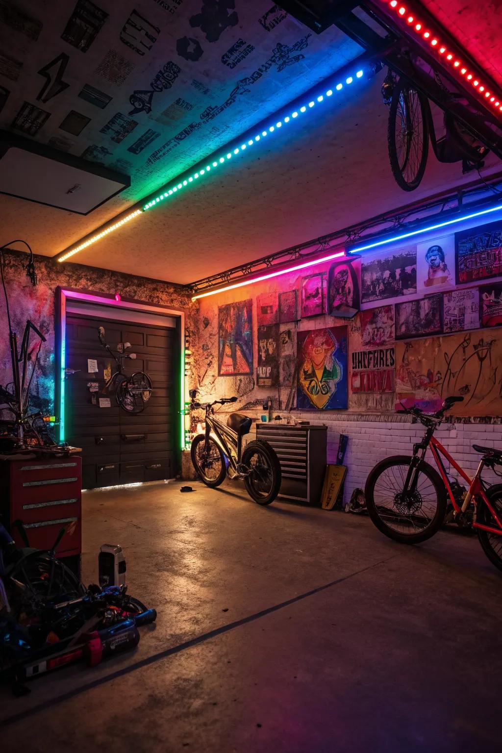 LED strips: a splash of color for your creative garage space.