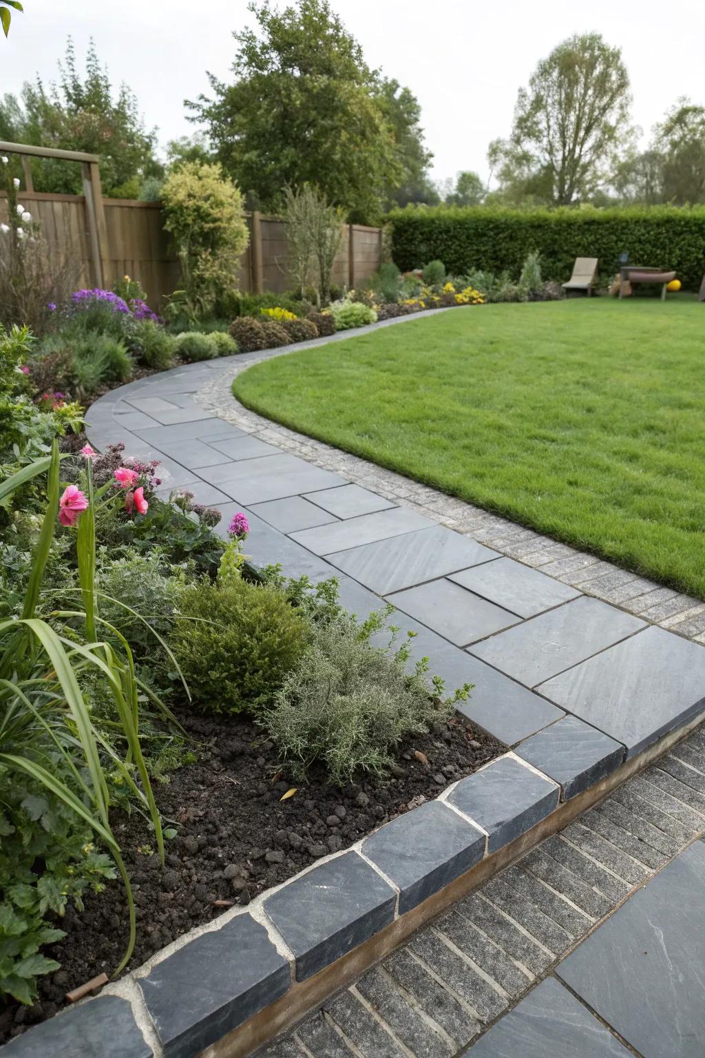 Slate tiles add sophisticated and modern charm to garden edges.