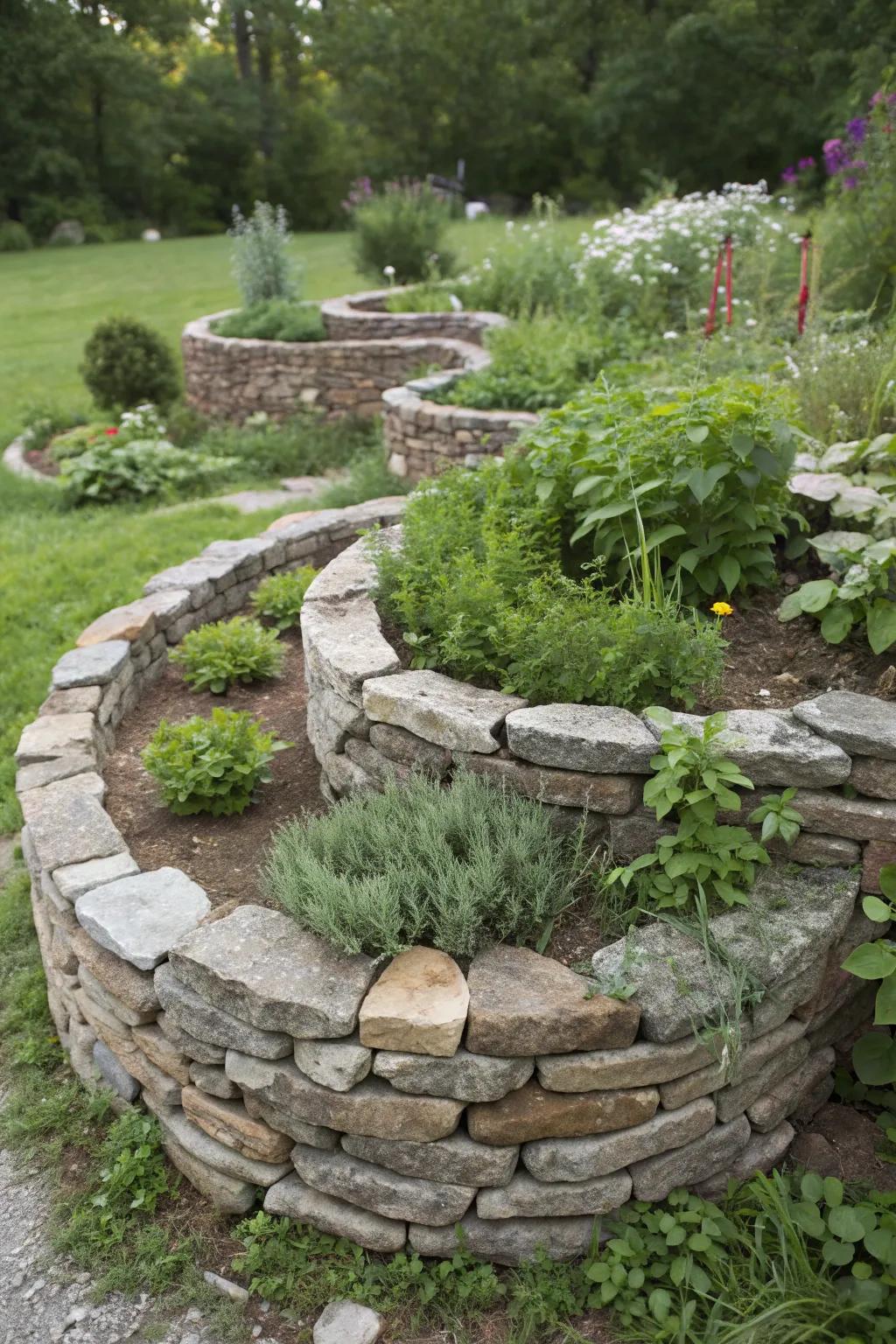 Space-efficient herb spiral constructed from stones.