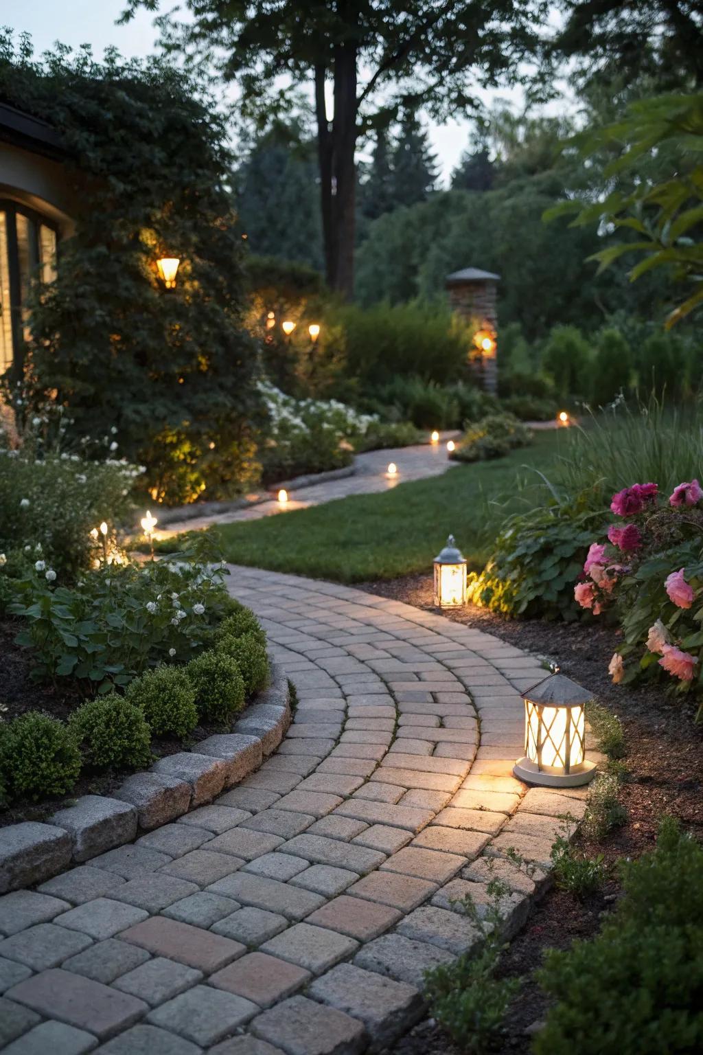 A garden with ambient lighting that enhances the paving's evening charm.
