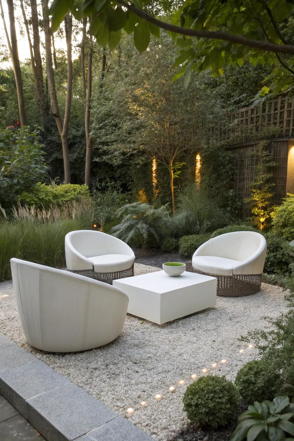 A chic seating area with a modern twist in a gravel garden.