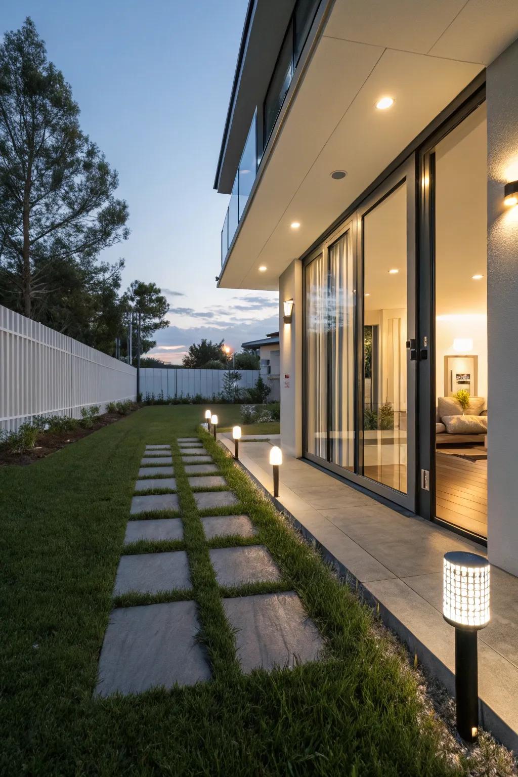 Eco-friendly entrance with solar lighting.