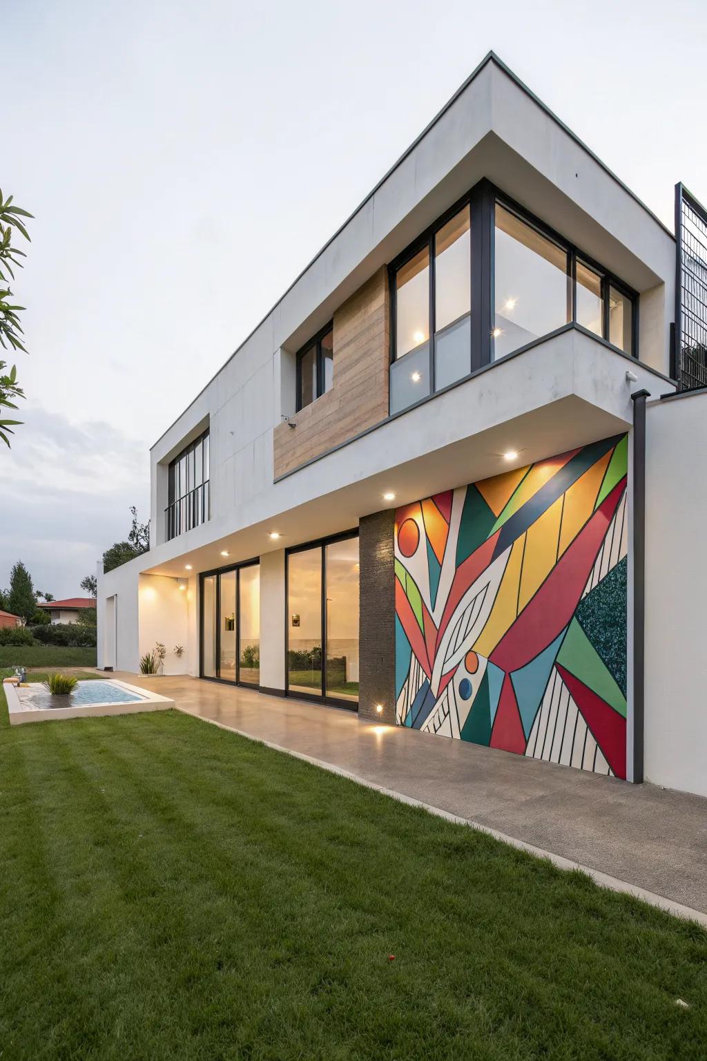 An artistic wall adds a surprising element to this modern facade.
