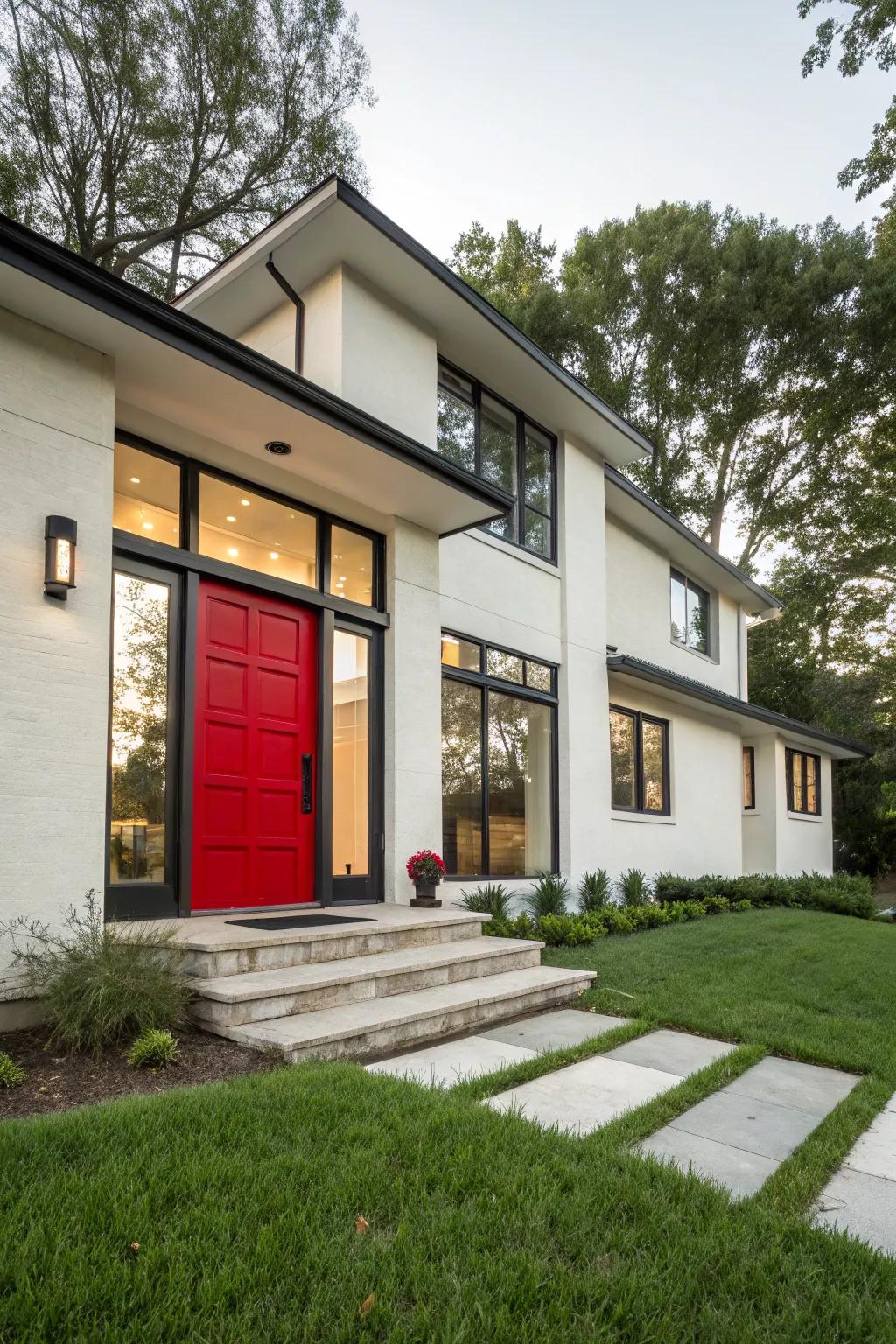 A modern house with a striking red front door for enhanced curb appeal.