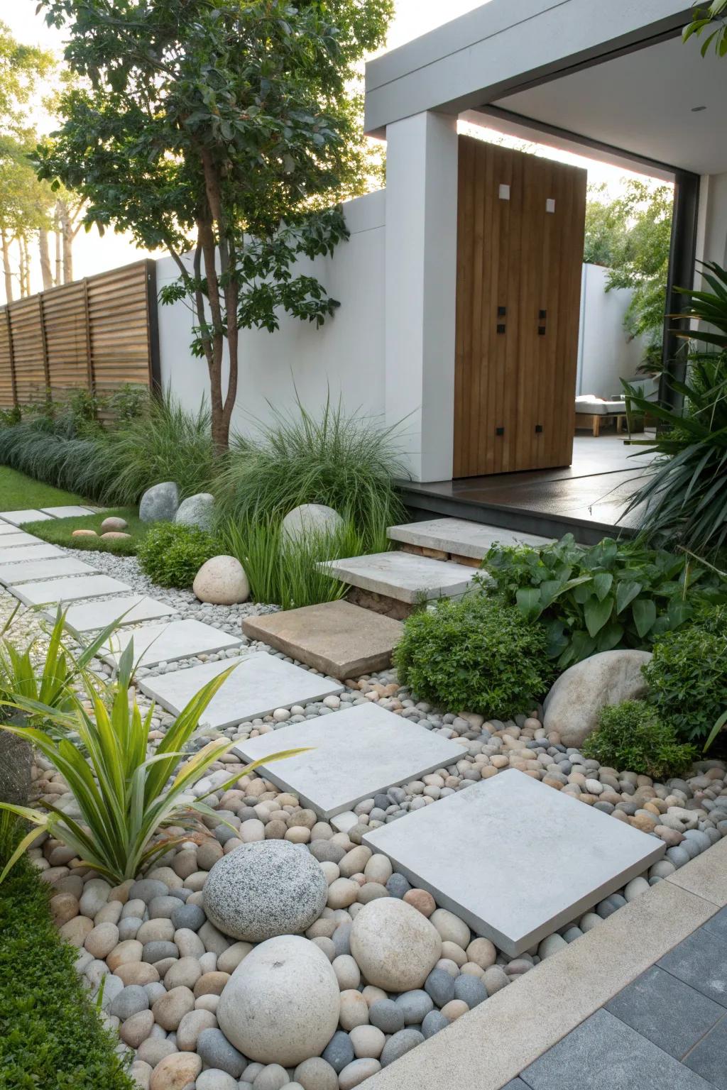 Stones add natural texture to modern gardens.