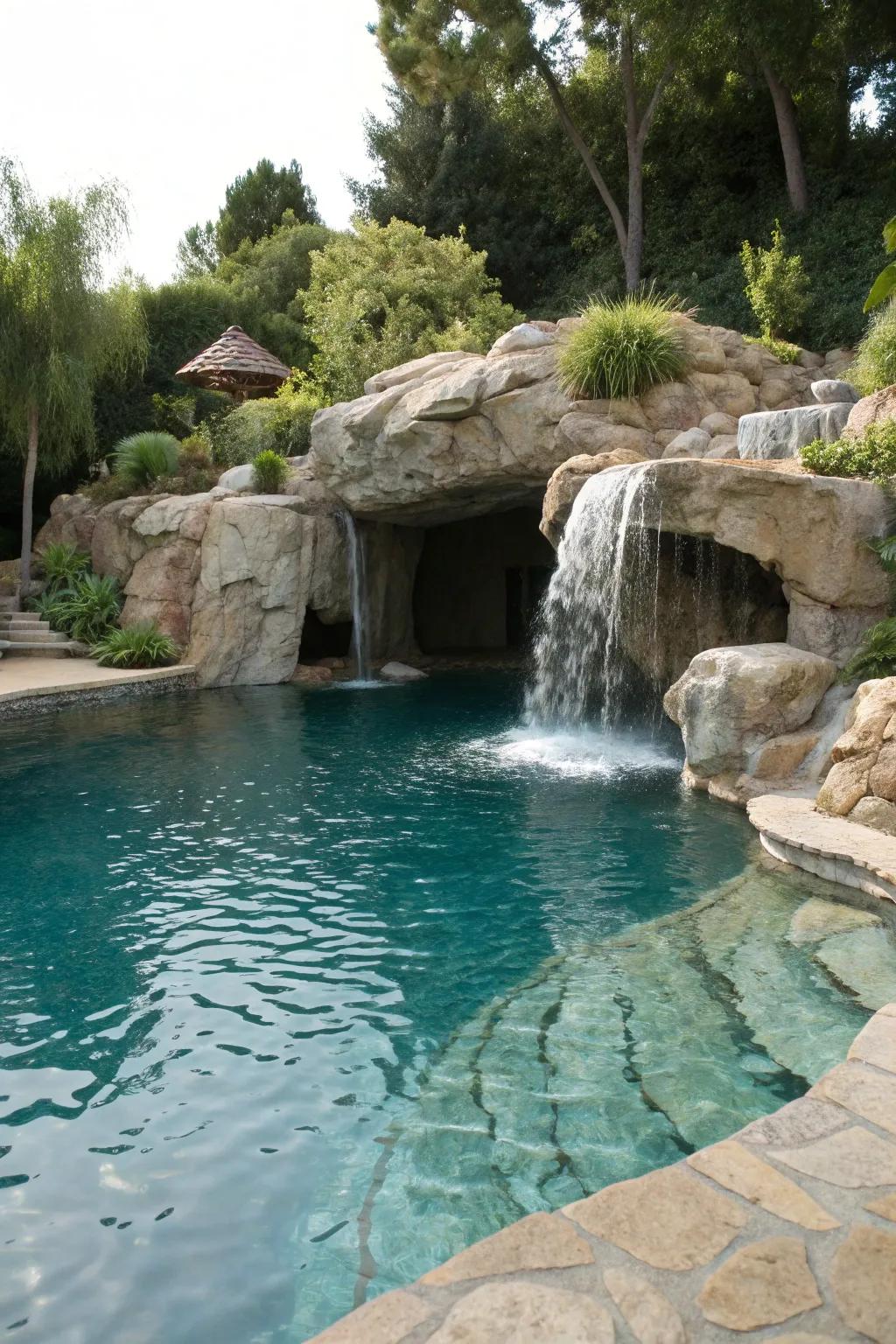 A hidden grotto offers a secret, adventurous retreat within the pool.