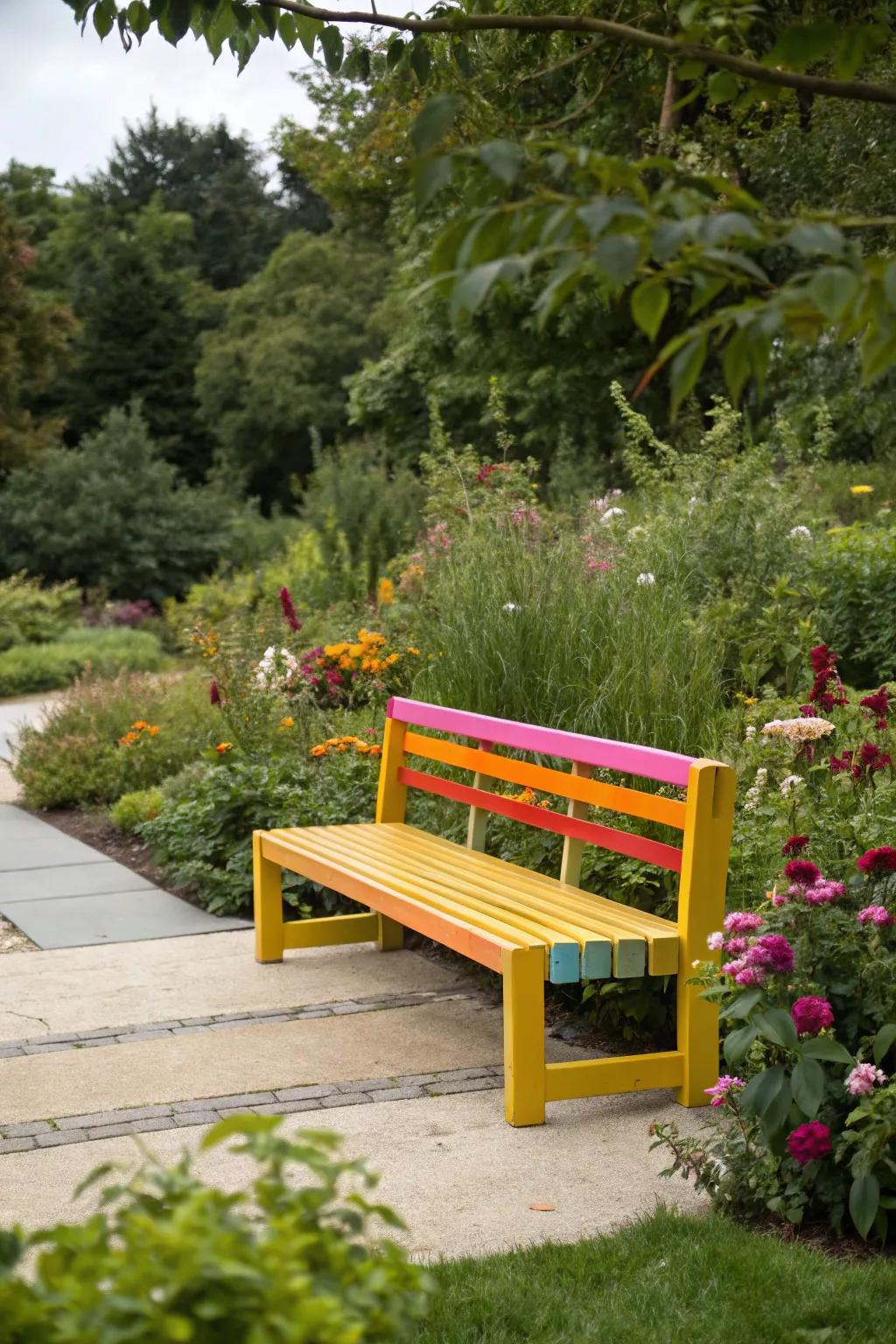 A colorful bench that adds energy and joy to the garden.