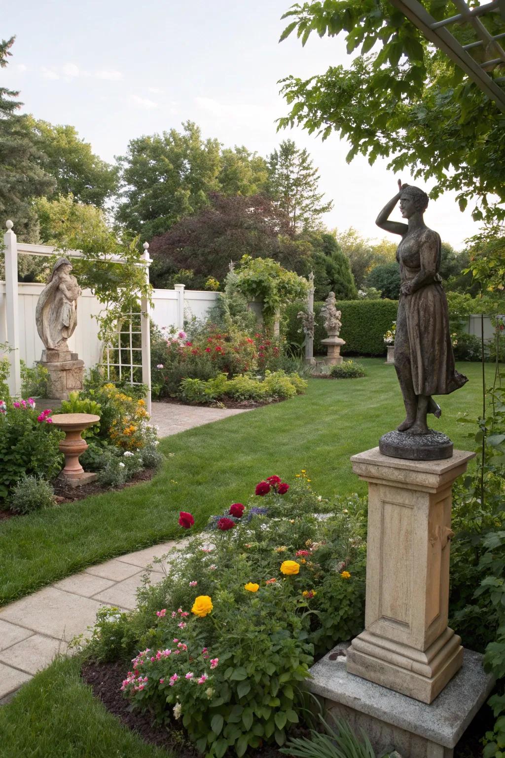 Garden sculptures add sophistication and artistic flair.