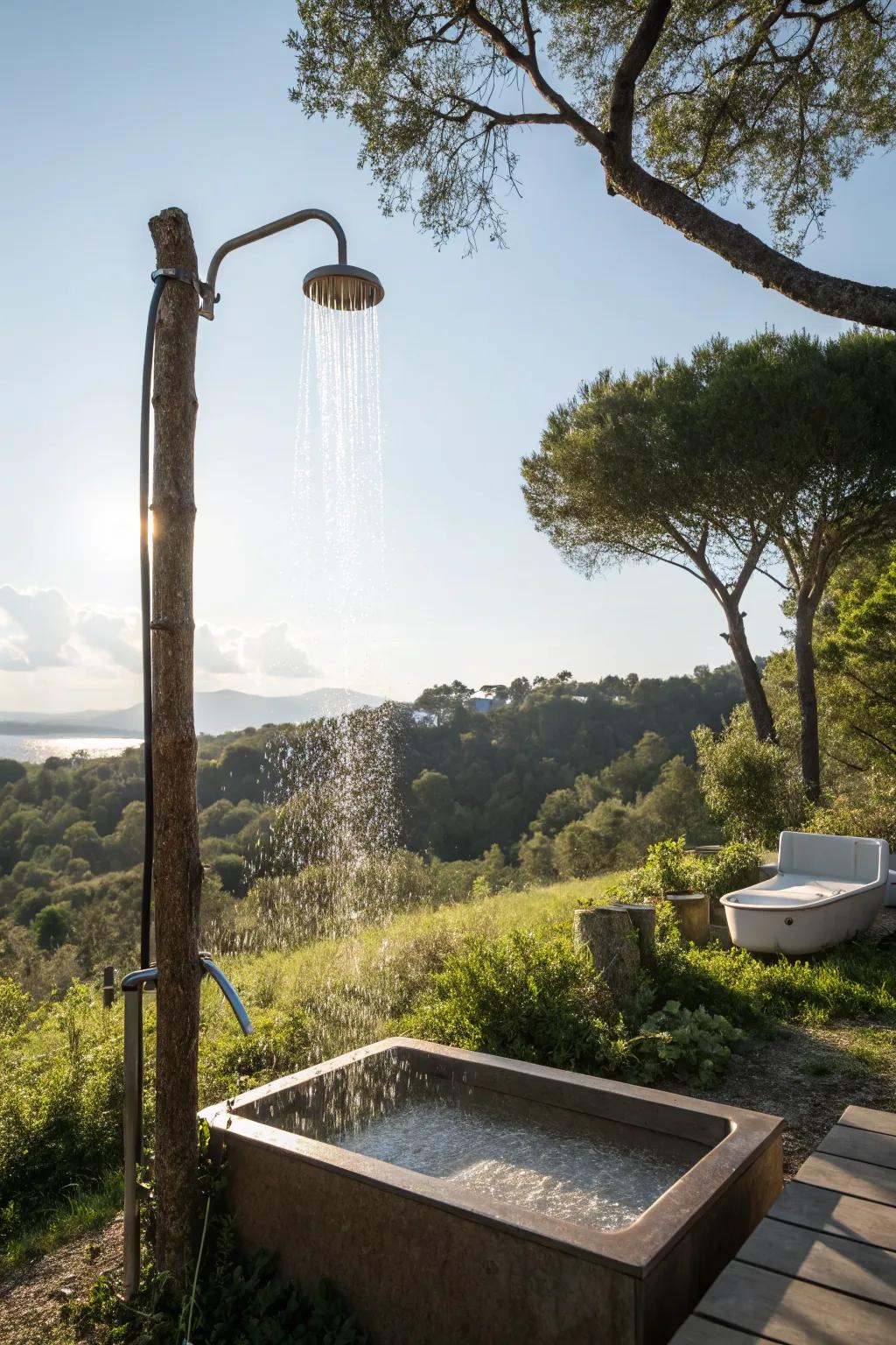 An open-air outdoor shower offering a skyward view.