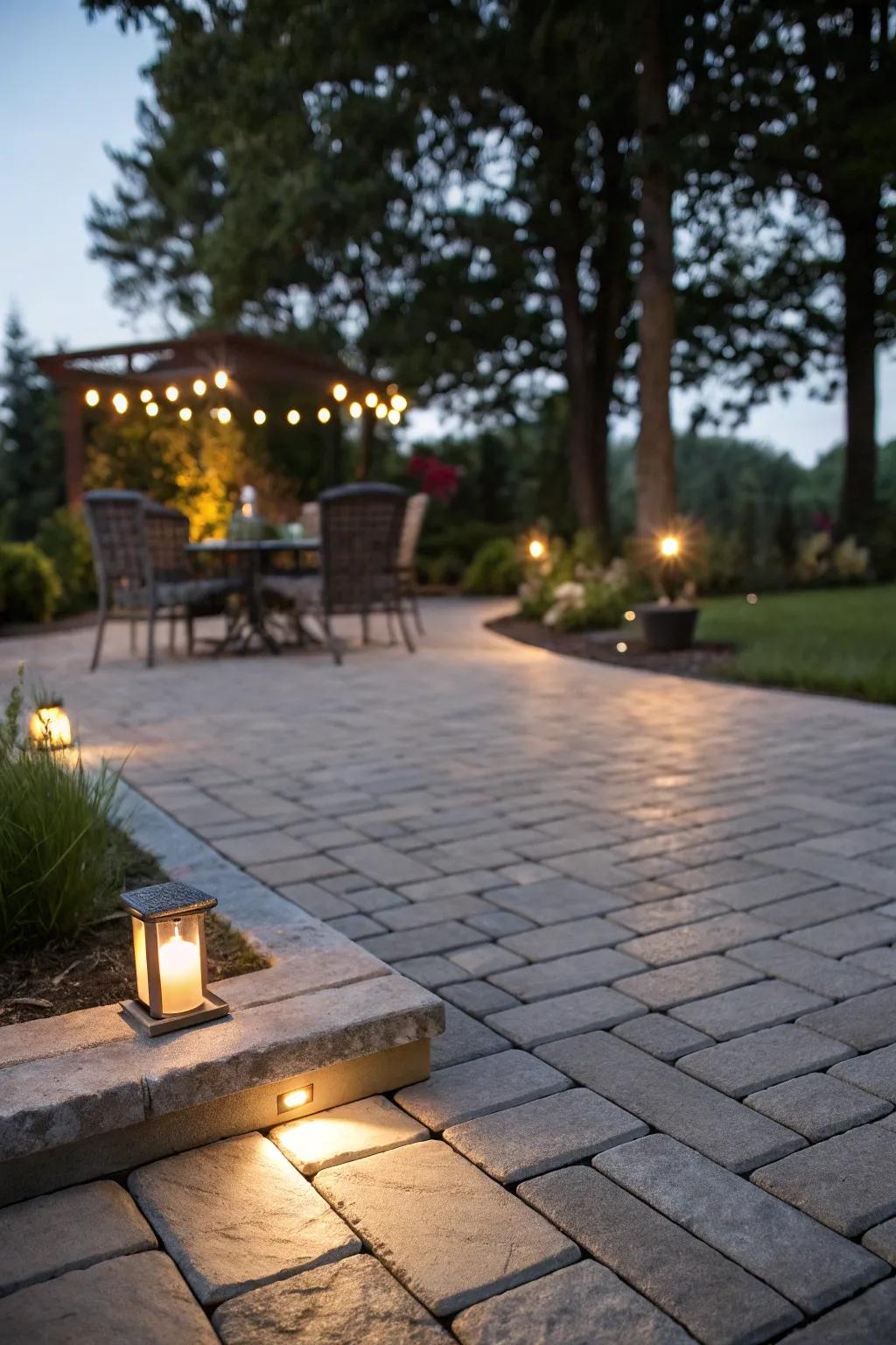 Integrated lighting in pavers creates an enchanting ambiance.