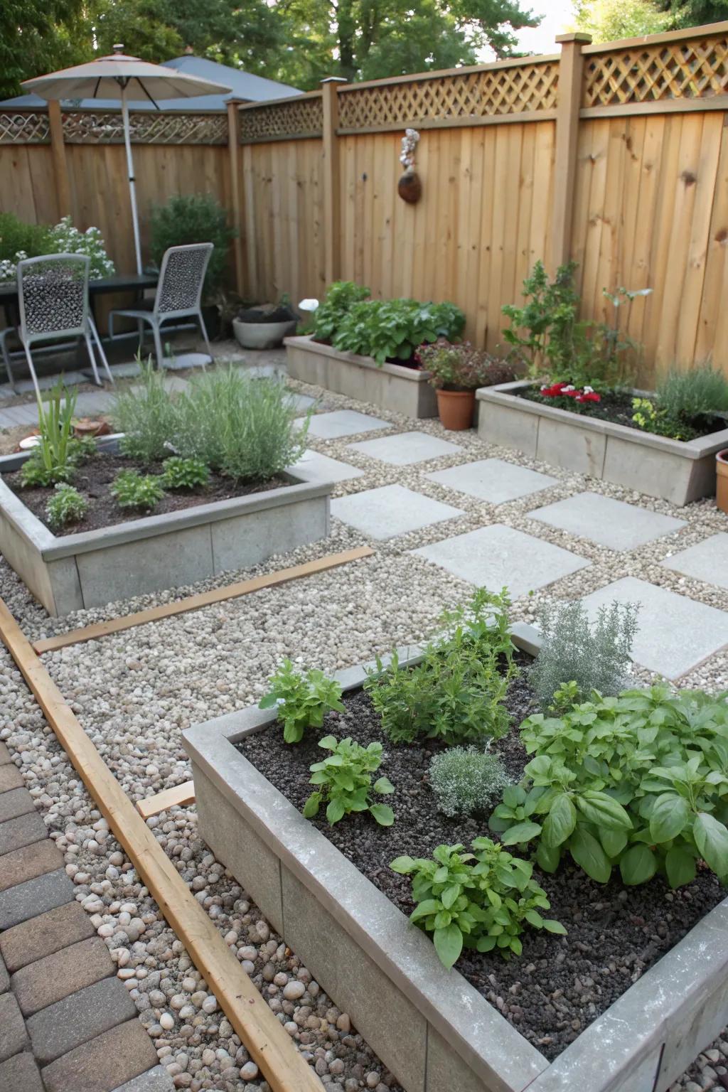 An herb garden adds practicality and scent to a patio.