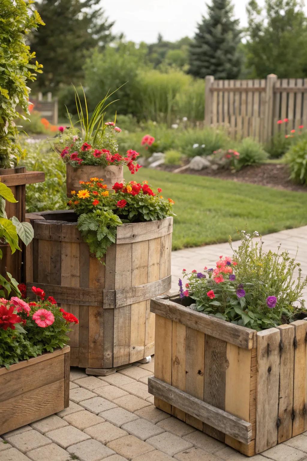 Rustic wood planters add warmth to garden decor.