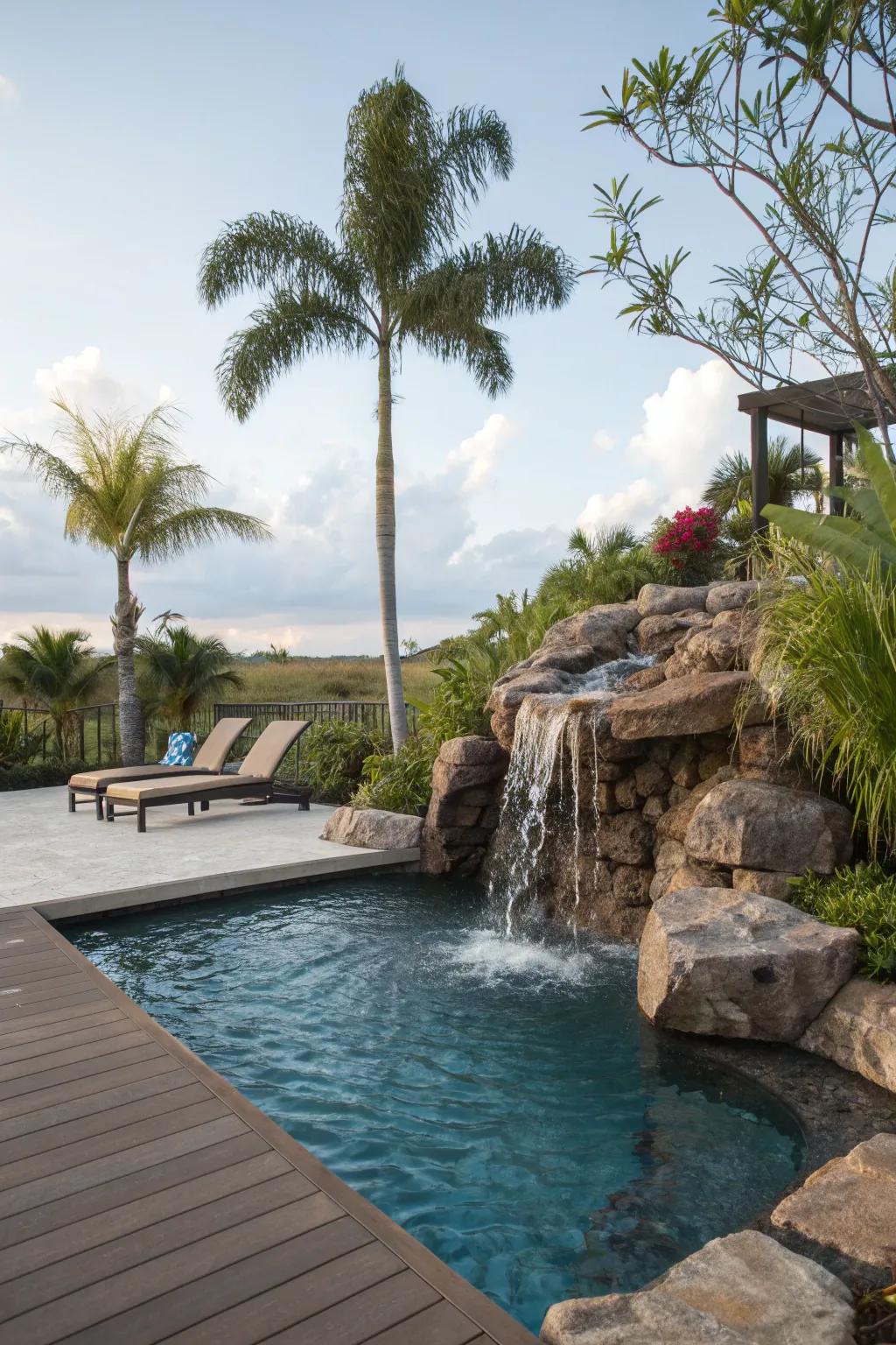 Add tranquility with a soothing water feature on your pool deck.