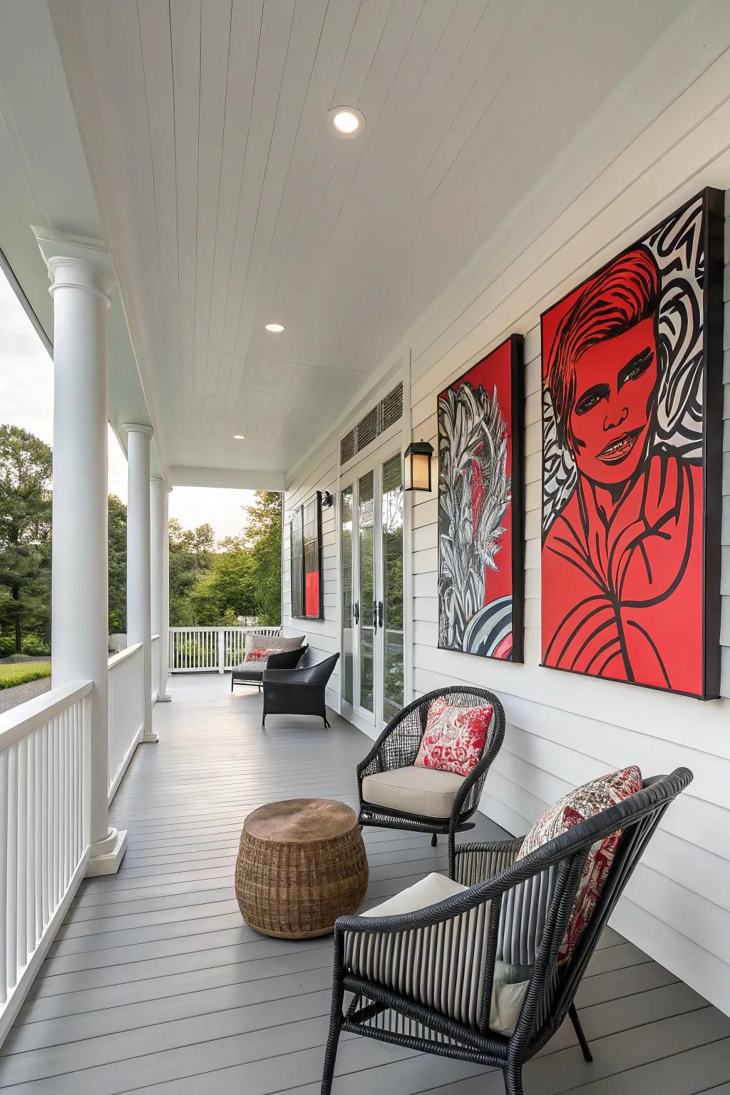A modern porch featuring bold and striking artwork.