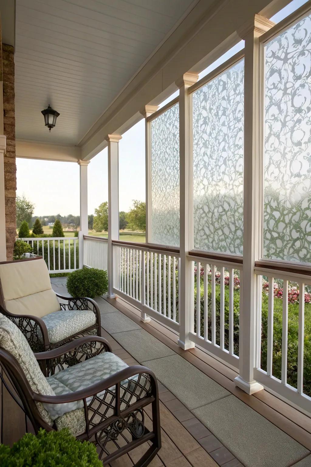 These railings offer privacy and style for urban porches.