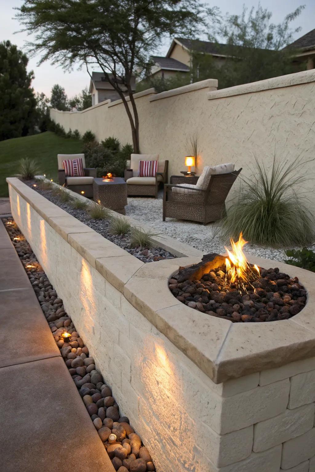 Fire elements in stucco walls create inviting warmth.