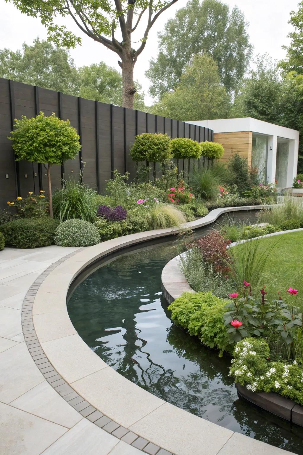 A curved water garden adds modern elegance.