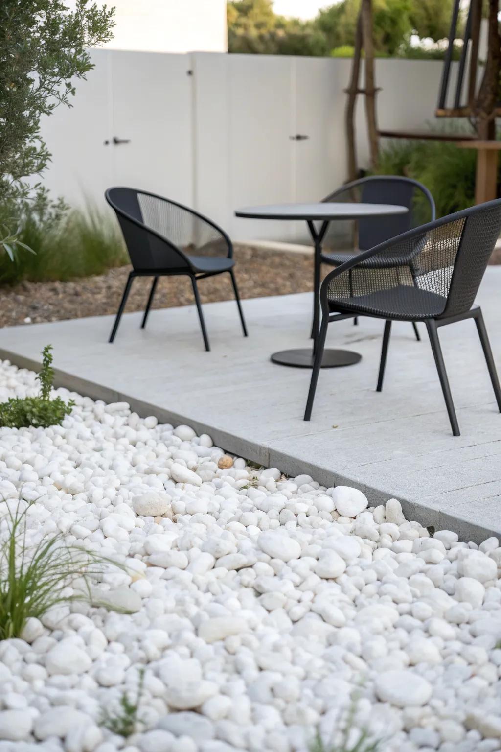 A minimalist patio with white pebbles offers modern simplicity.
