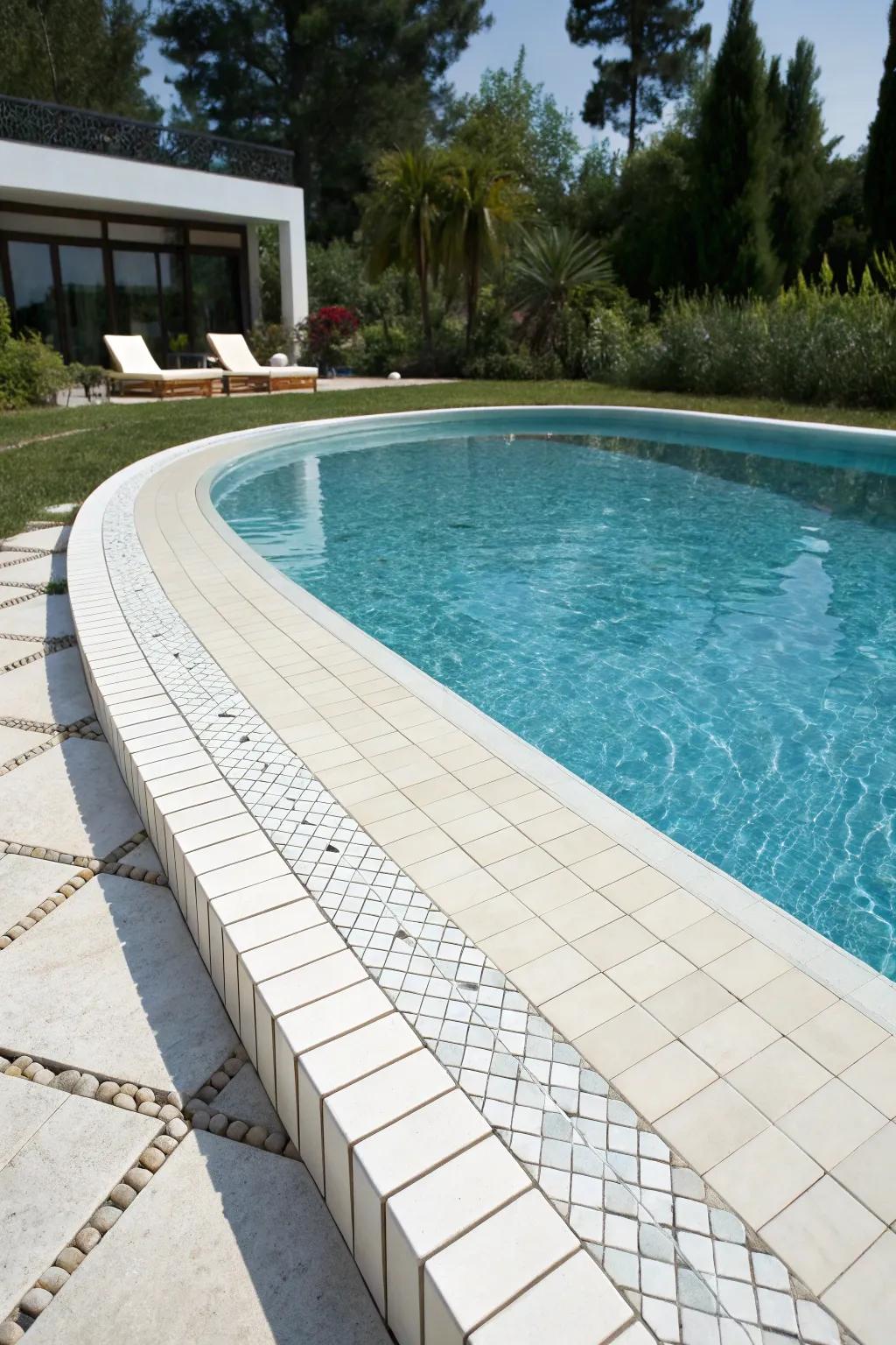 Distinctive white tiles creating a striking waterline.