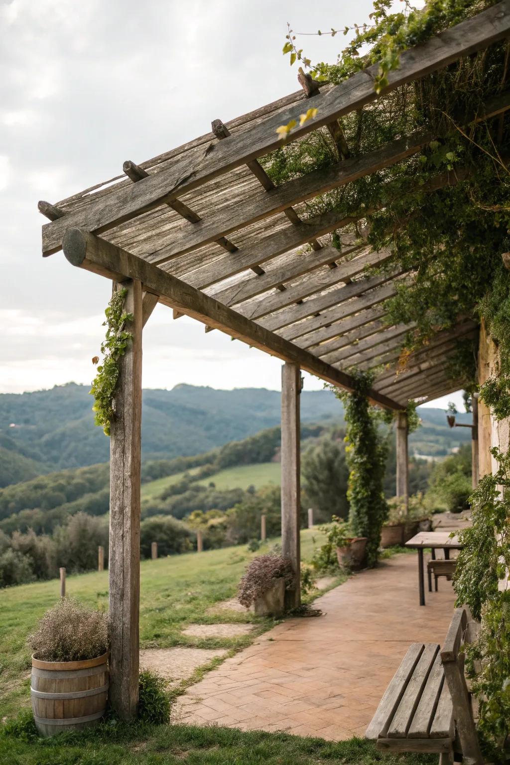 Rustic beams and planks give this awning a charming farmhouse feel.