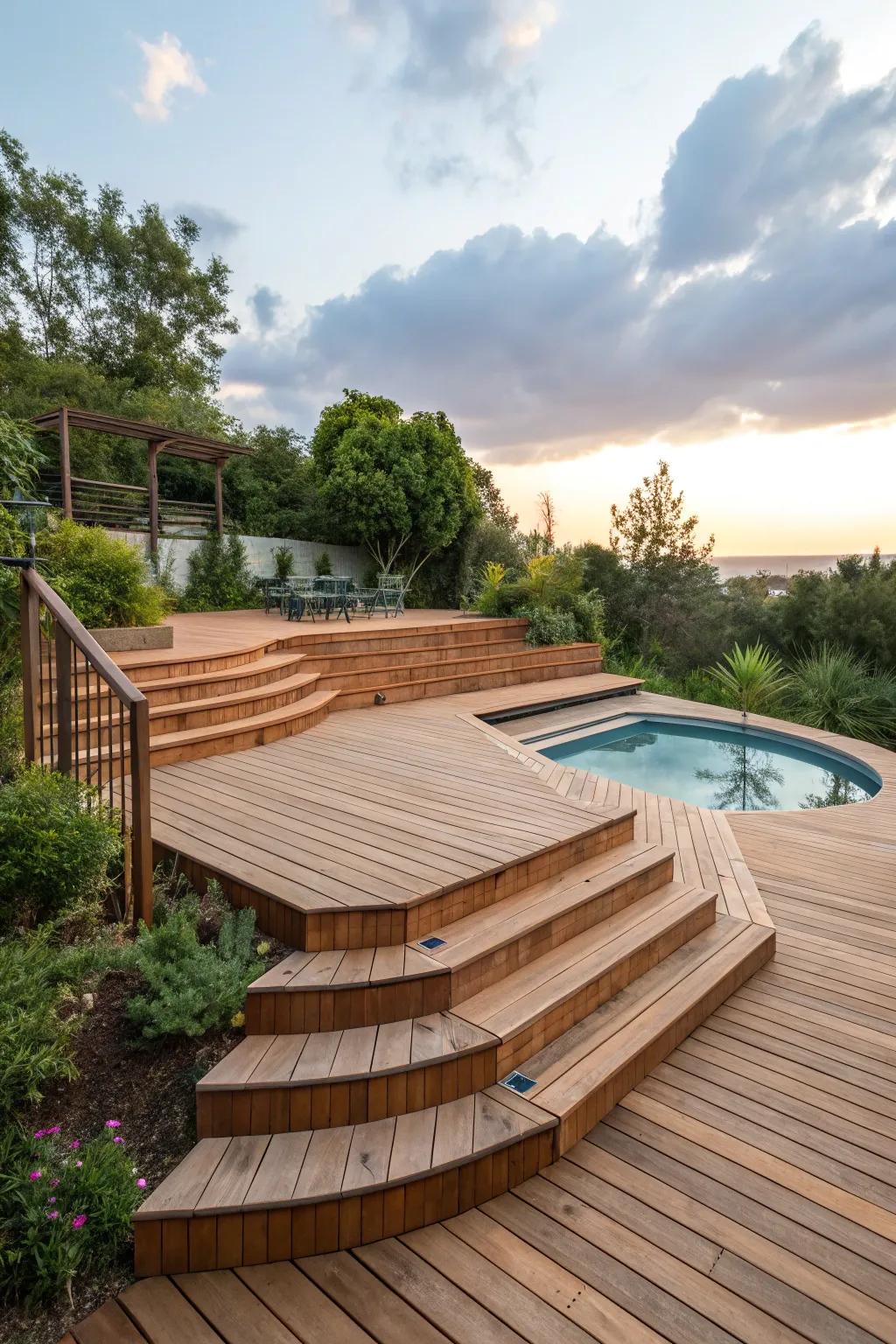 A multi-level wood pool deck with distinct areas for various uses.