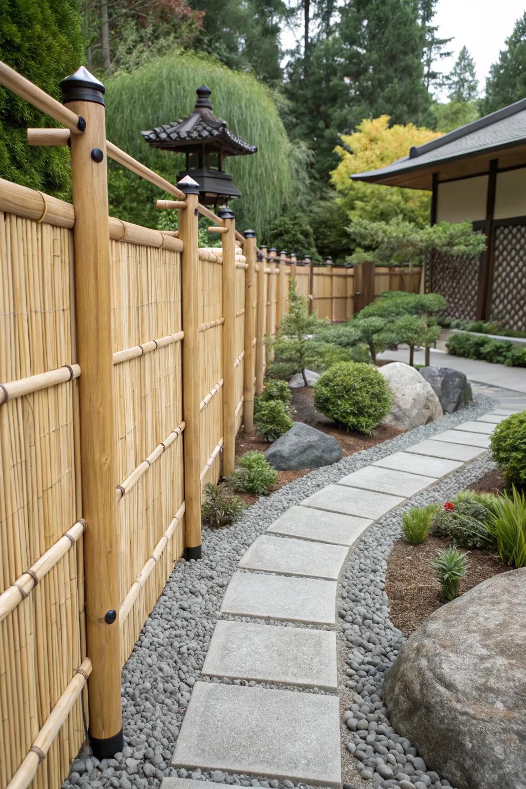 Bamboo fencing elegantly defines a Zen garden.