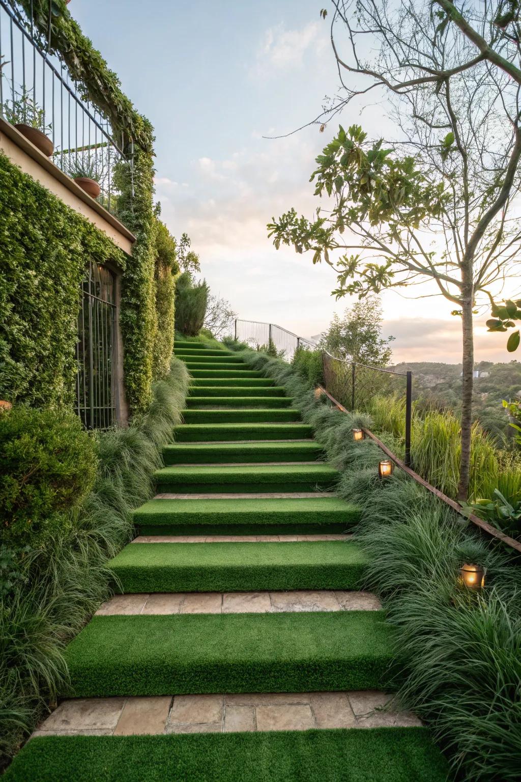 Mondo grass lines the steps of an outdoor staircase, enhancing the garden's flow.
