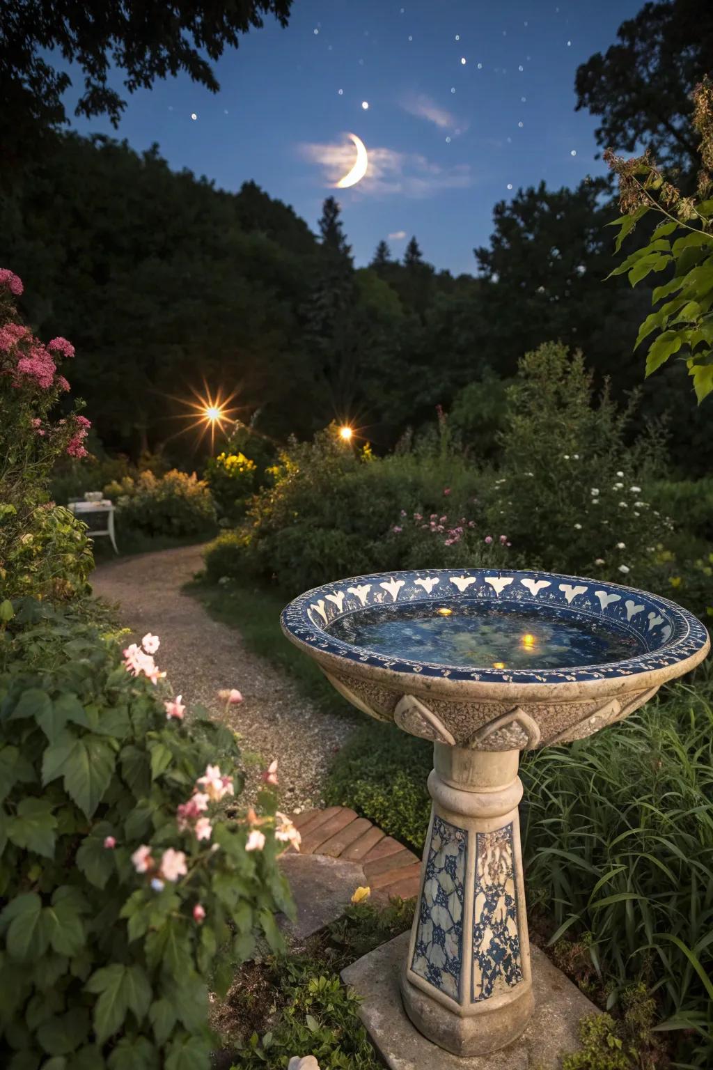 A celestial mosaic bird bath, reflecting the beauty of a starlit night.