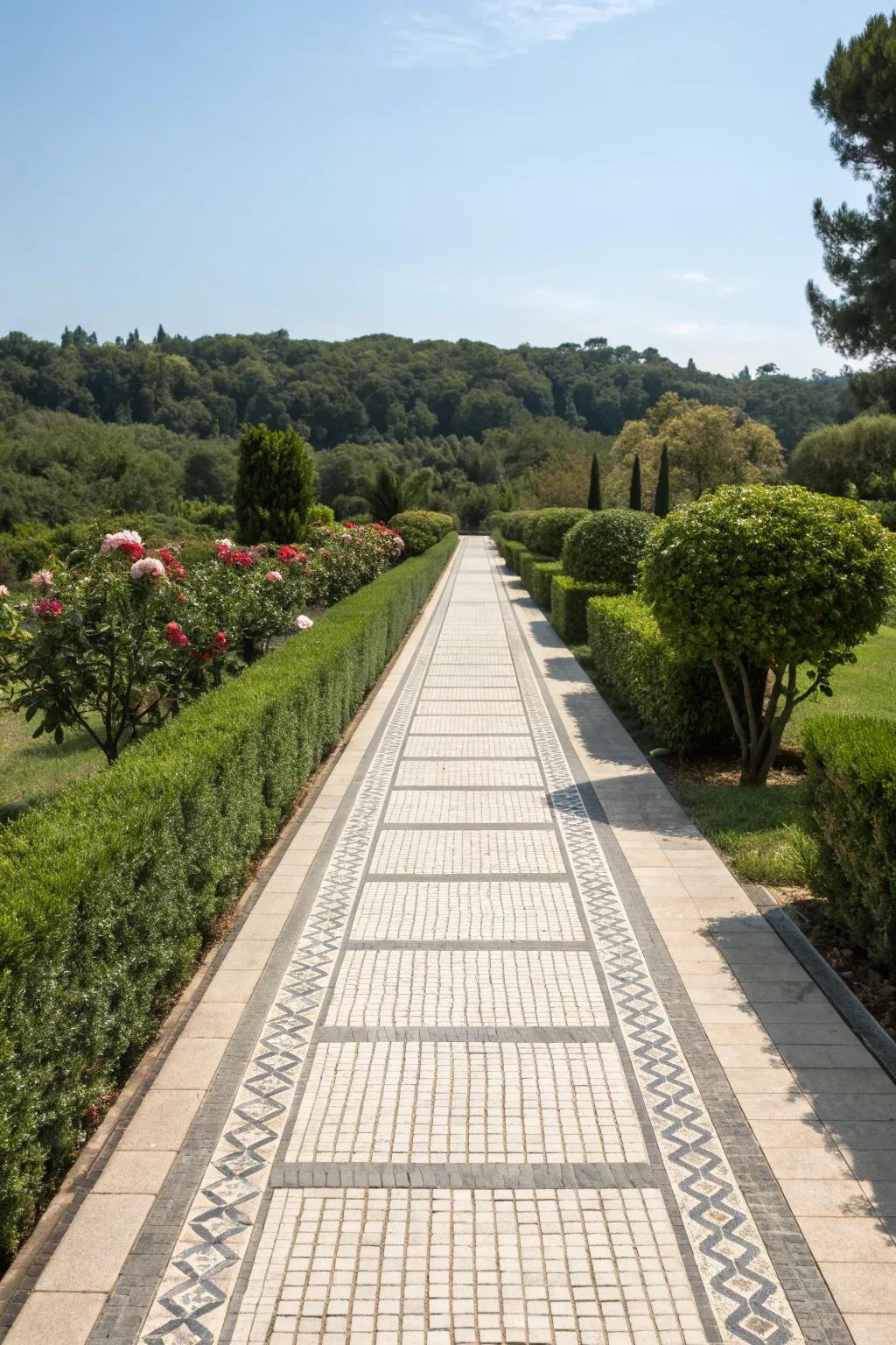 A minimalist mosaic pathway with simple lines, offering elegance and calm.