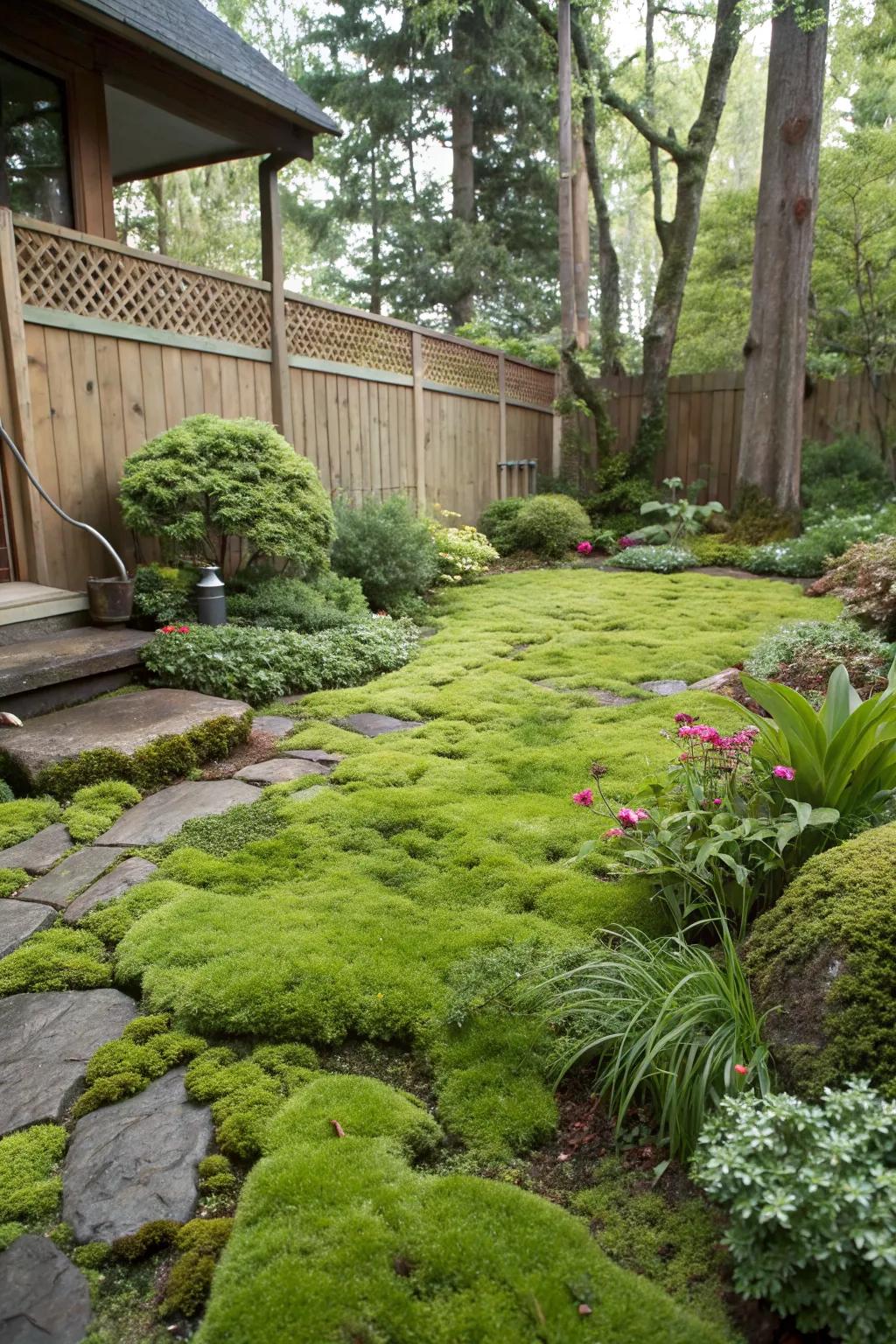 A garden area featuring a lush moss carpet, offering a soft and vibrant alternative to grass.