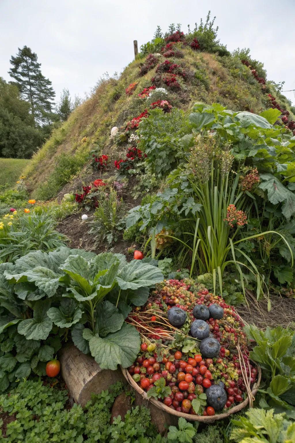 Edible plants add a tasty twist to garden mounds.