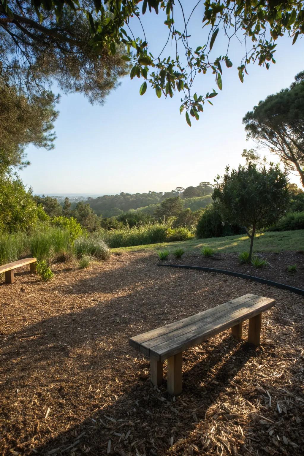 A serene meditation area defined by mulch, perfect for relaxation.