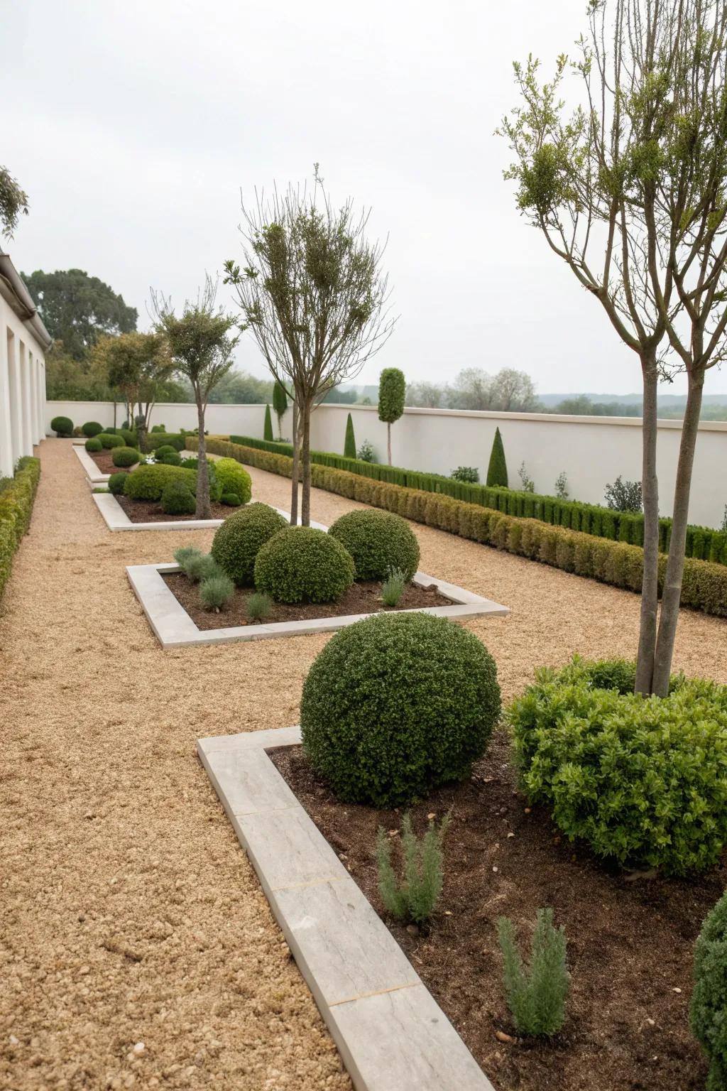 Minimalistic garden design using natural, undyed mulch.