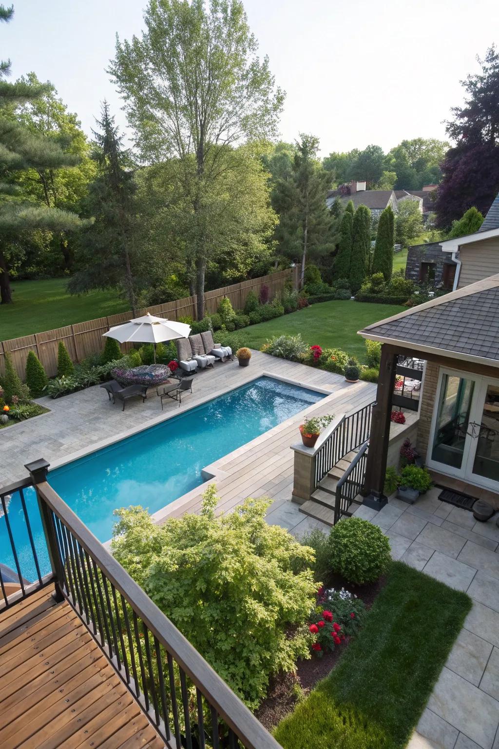 An elevated deck provides dynamic views of the pool and landscape.