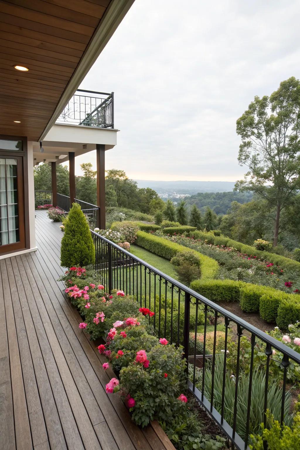 A balcony extension provides sweeping views from this multilevel deck.